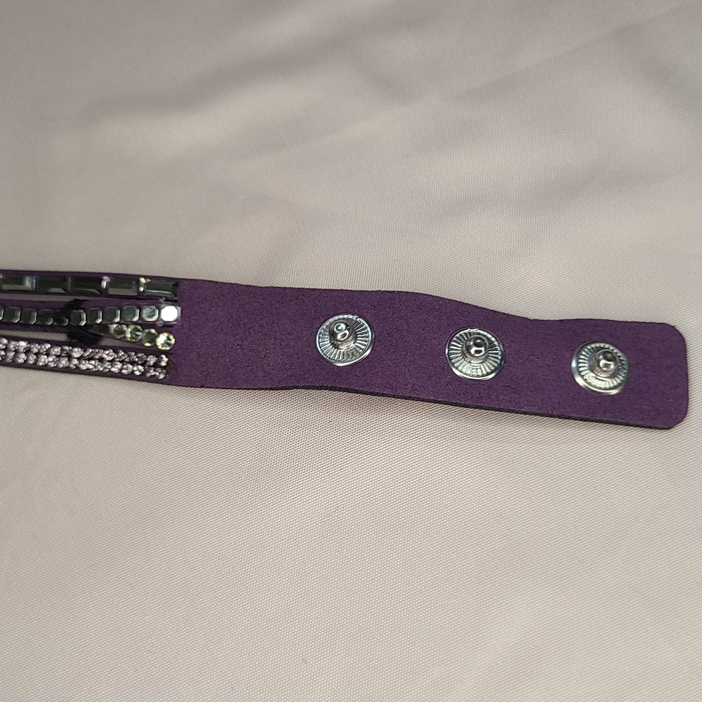 Faux Leather Deep Purple Rhinestone Layered Wide Bracelet Snap Closure Choker - Picture 7 of 8